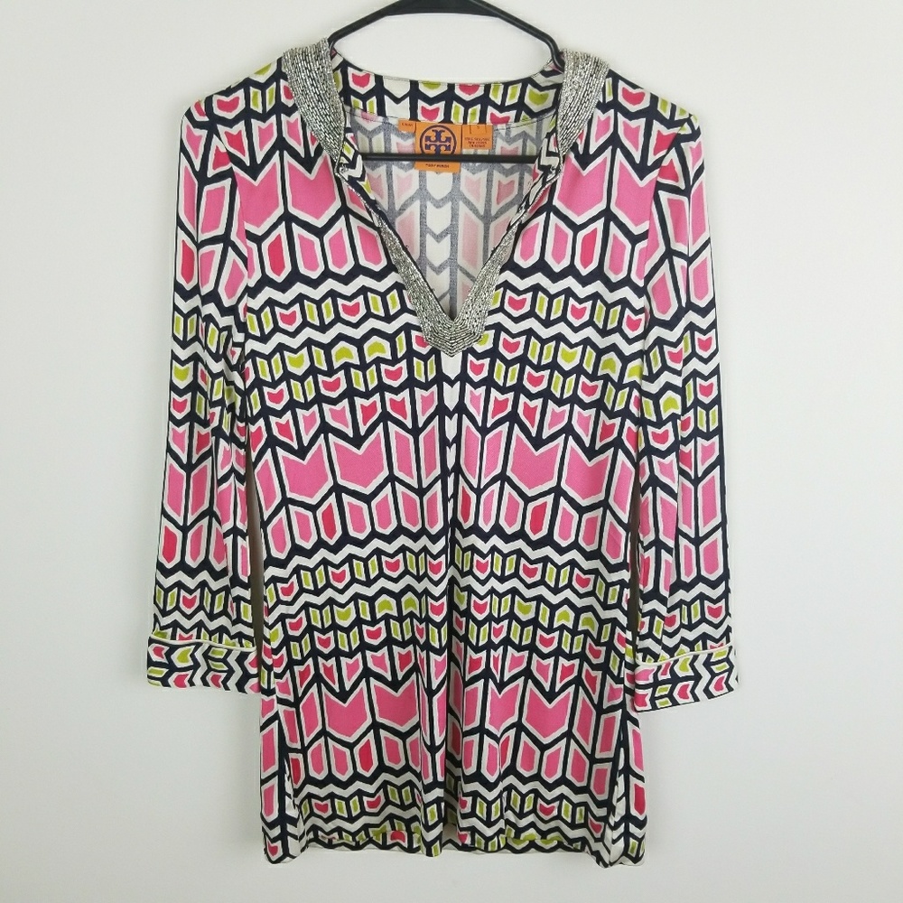 SoldTory Burch Blouse Silk Tunic V Neck Beaded Top